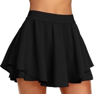 Pleated Tennis Skort Built‑In Shorts Pocket Ruffle Extra Large Workout Black XL